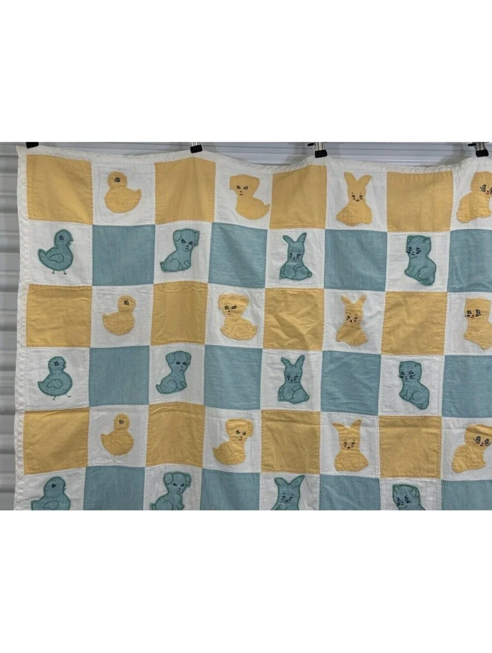 Vintage Nursery Quilt Checkerboard Animal Appliques Pastel Palette Aqua Blue Lar